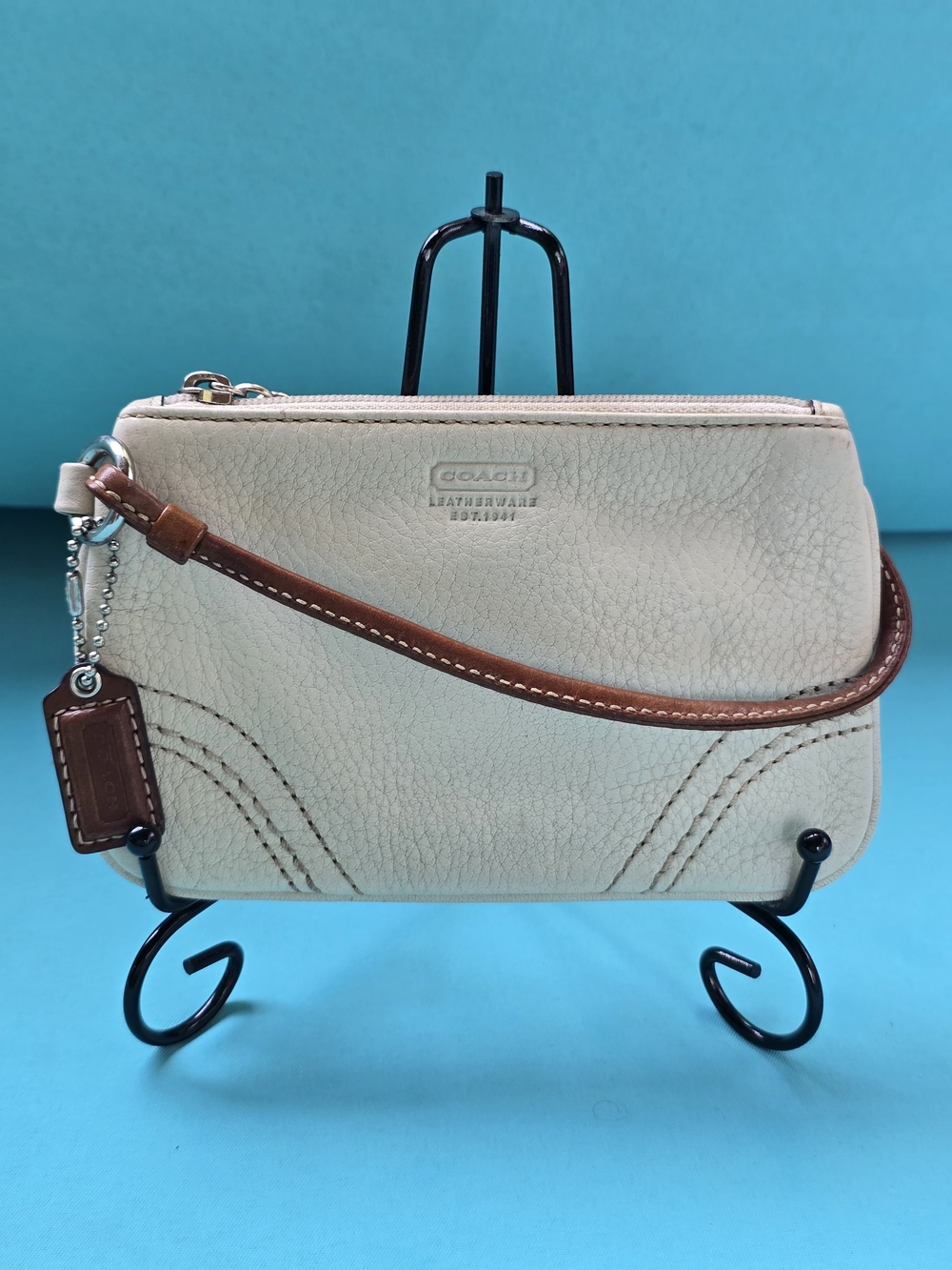 Coach Cream Leather Wristlet with Brown Strap